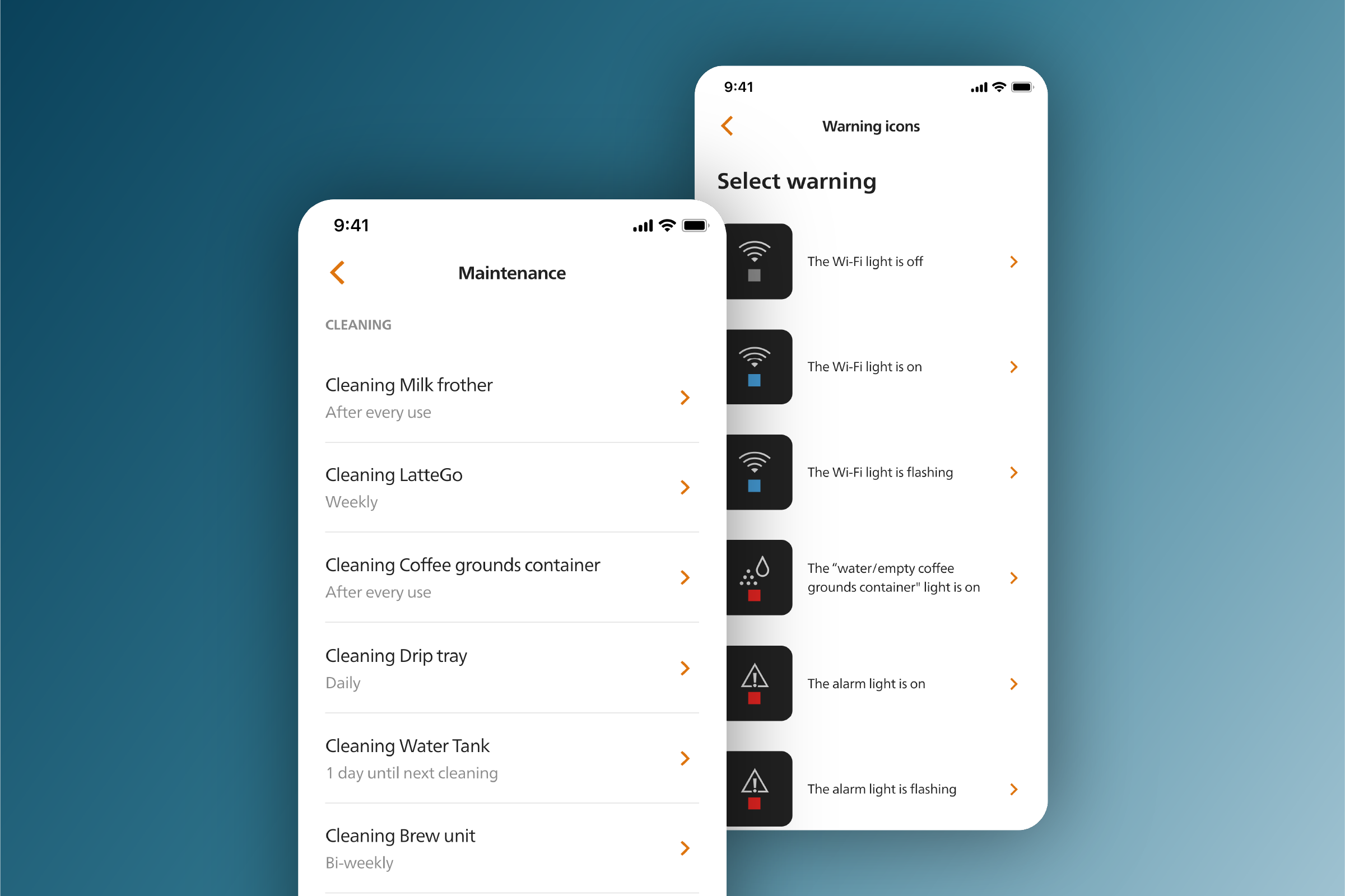 App Philips Coffee+, schermate del telefono con dati di manutenzione e assistenza