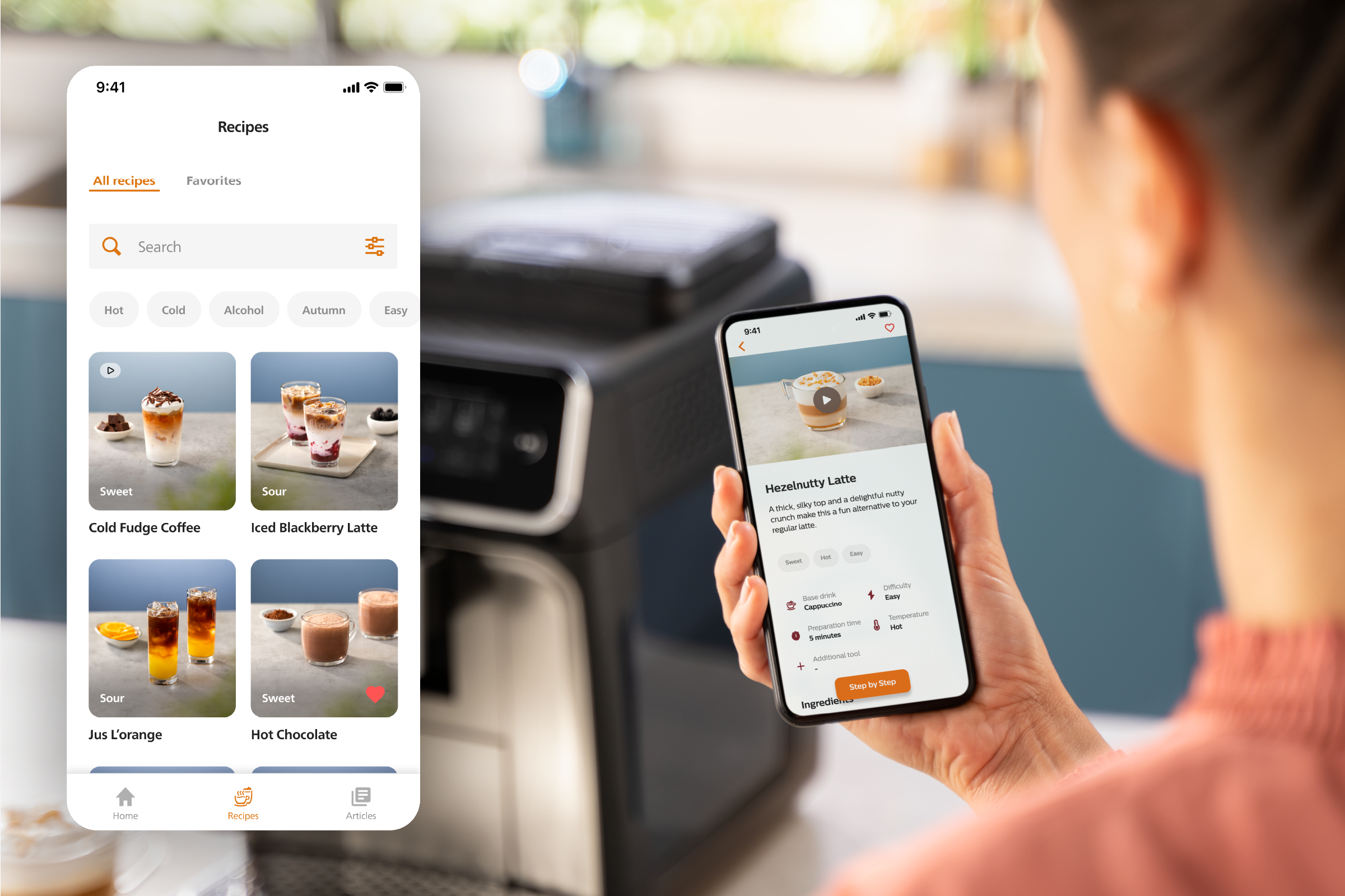 Schermate del telefono che mostrano ricette dell'app Coffee+