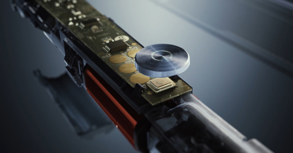 Primo piano dei meccanismi interni di un prodotto Philips progettato per essere sostenibile e di lunga durata.